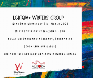 LGBTQIA+ Writers' Group's next meeting is on Wednesday 31st March at Parramatta Library
