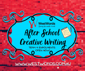Red mosaic tile background with a blue decorative badge in the centre. Text reads WestWords and After School Creative Writing, Term 4 Enrolments Now Open