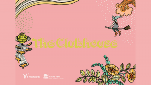 Pink tile with yellow tex saying 'The Clubhouse' centred. Surrounding hand drawn illustration of a witch riding a broom and flowers and swooshes
