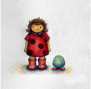small girl wearing a spotted red dress, red wellington boots and a red headband, her hair is a little messy but is shoulder length, she has a small grin on her face. There is a small green egg character next to her it has eyes and is wearing red shoes. The picture is in watercolour.