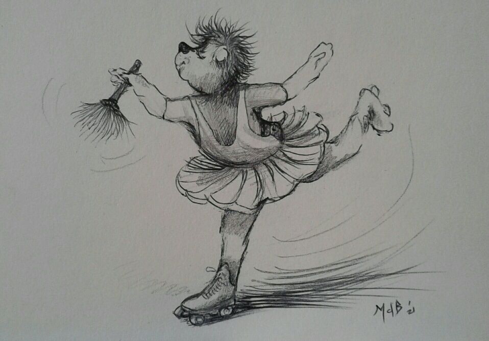 pencil drawing of a bear wearing a tutu and moving forward on rollerskates holding a dusting brush